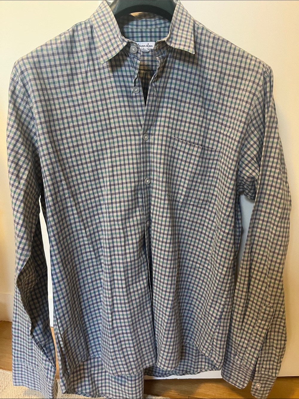 Steven Alan blue and green check long-sleeve button-down shirt
